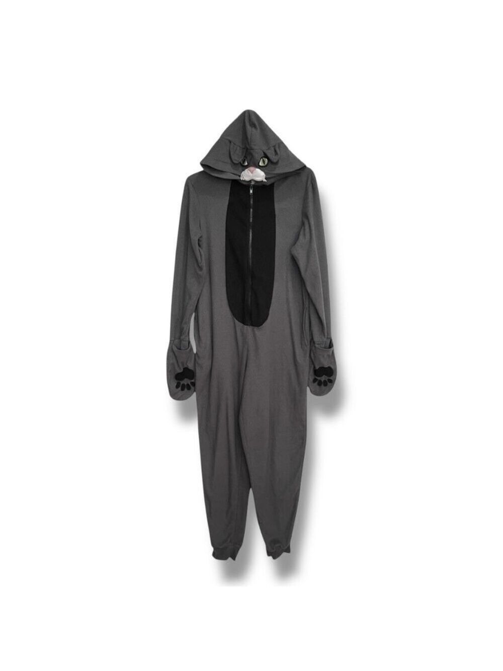 Xhilaration Gray Cat Hooded Plush Fleece One-Piece Pajama Costume Women’s Small